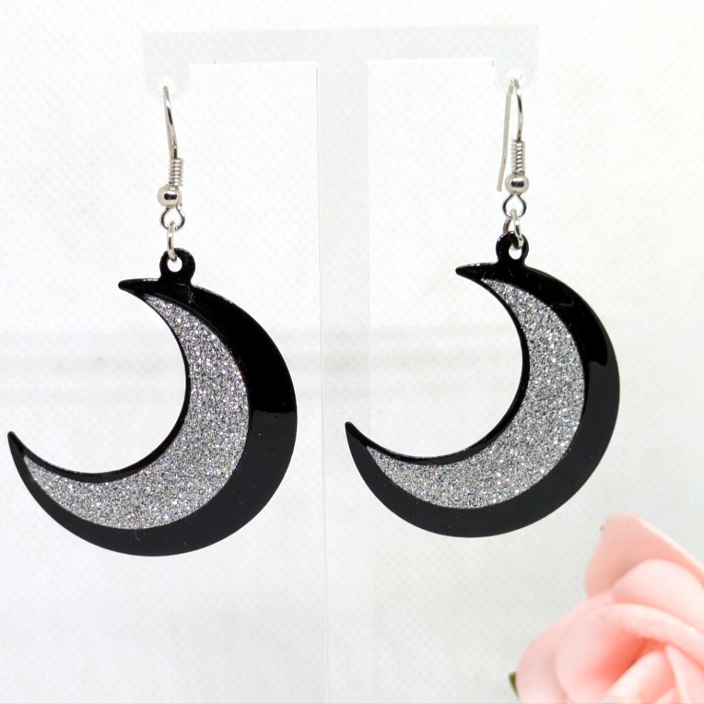 Witchy Black and Sparkly Silver Crescent Moon Earrings Unused Boho Goth Punk